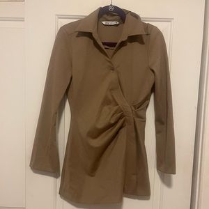 Zara Womens Mid Camel Longline Pleated Shirt